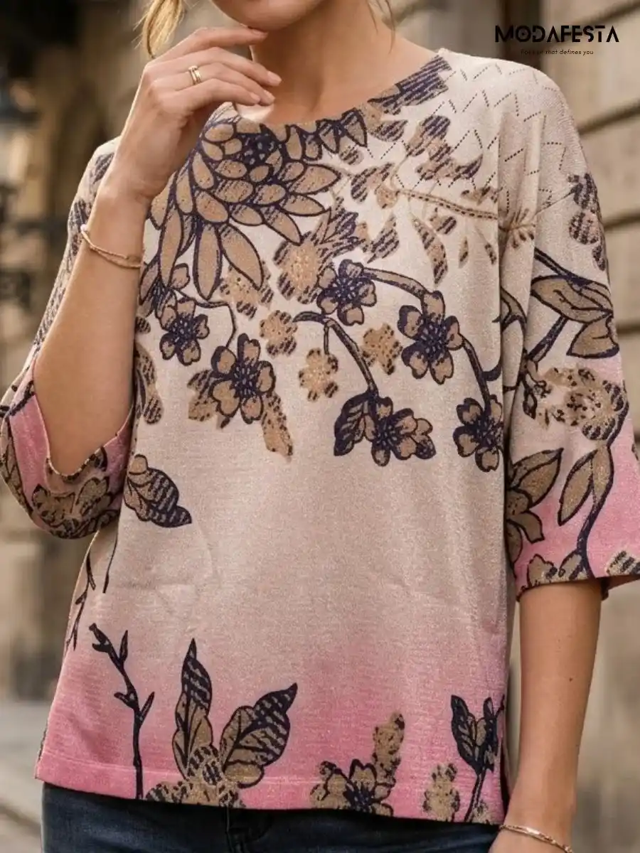 ModaFesta -elegant-shiney-floral-graphic-print-top-beige