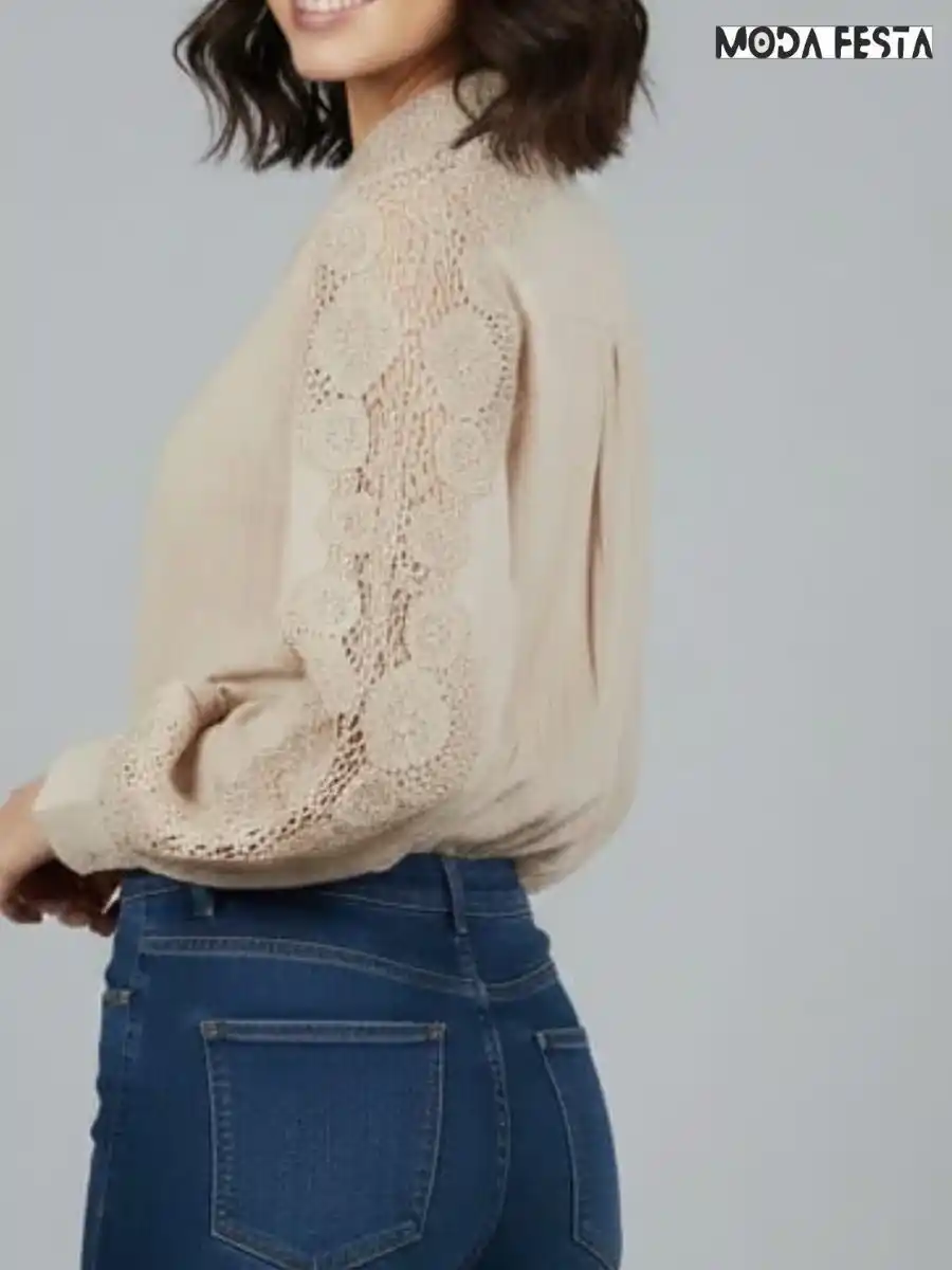 ModaFesta -elegant-sleeve-cutwork-cotton-shirt-beige
