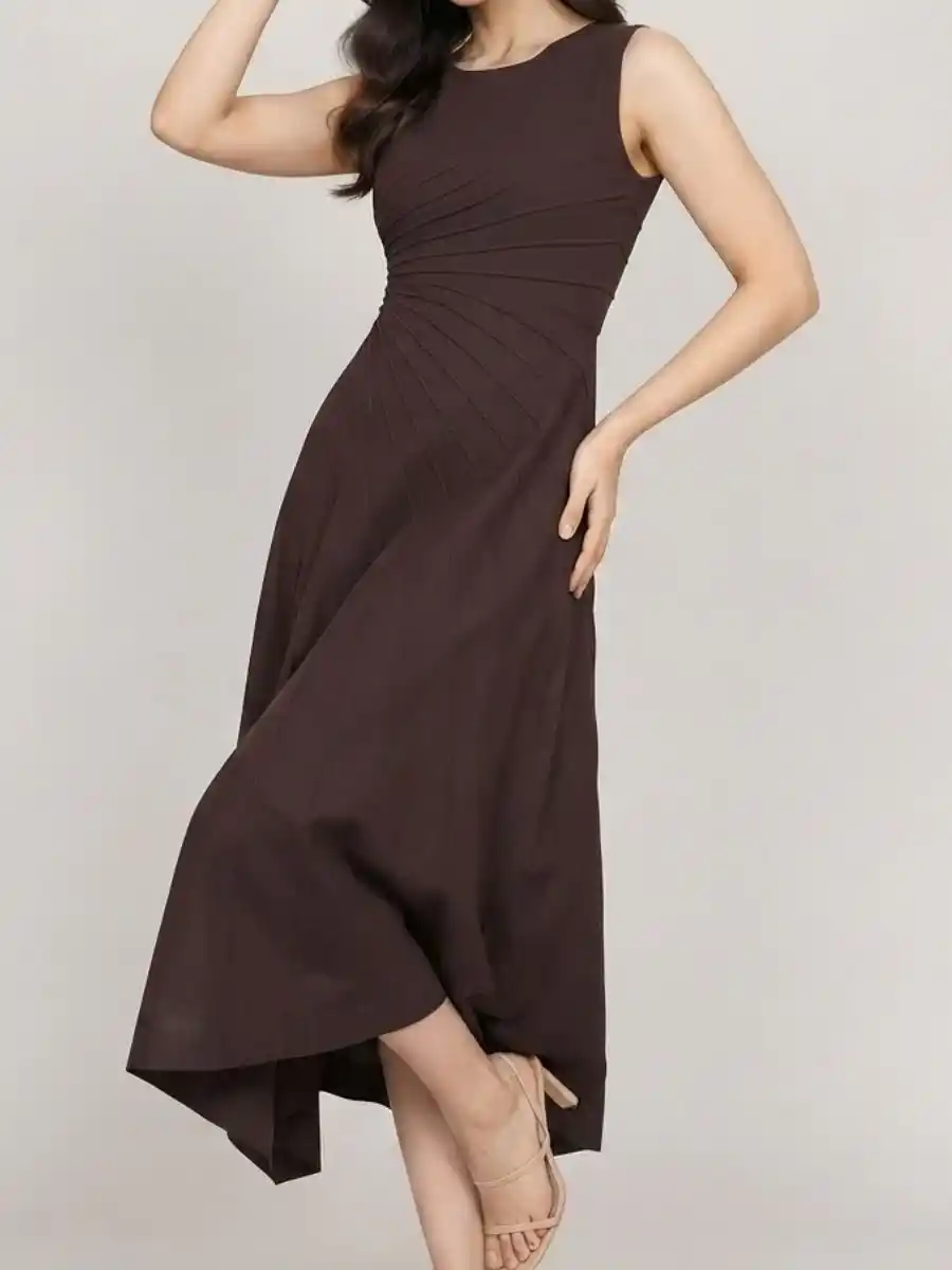ModaFesta -elegant-dark-brown-pleated-fit-and-flare-midi-dress