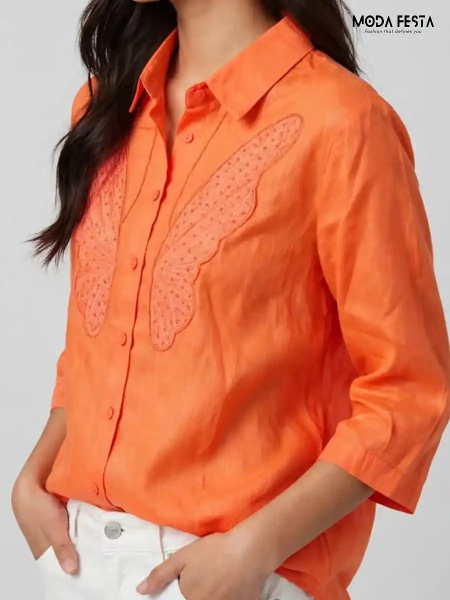 ModaFesta -orange-embroidered-wing-detail-shirt