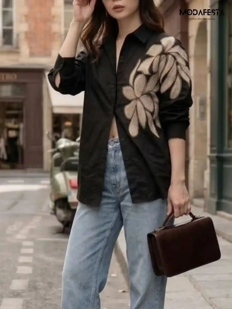 ModaFesta -elegant-floral-print-shirt-work-on-shoulder-black