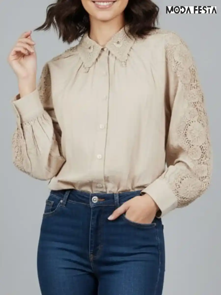 Elegant Sleeve Cutwork Cotton Shirt