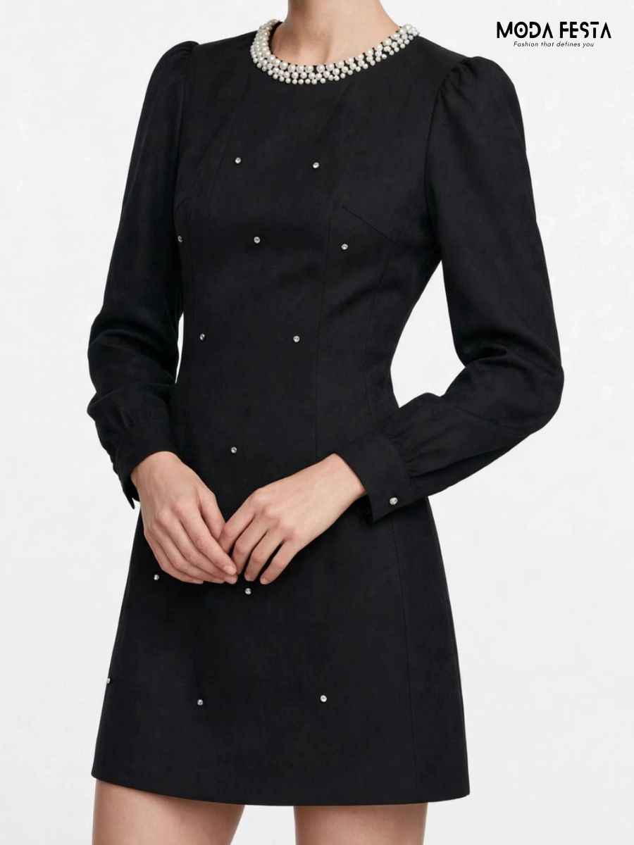 ModaFesta -black-pearl-embellished-high-neck-long-sleeve-mini-dress