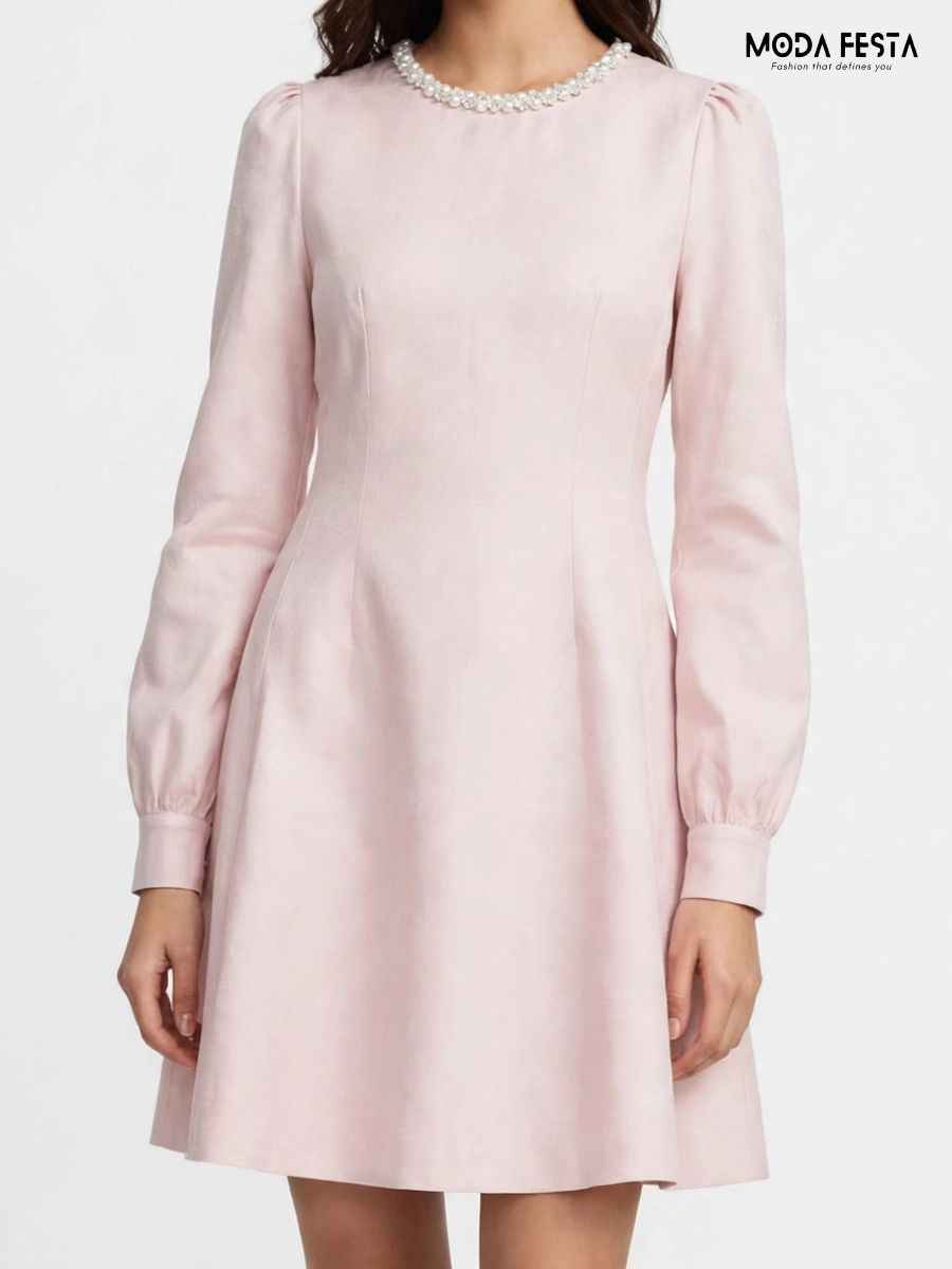 ModaFesta -pearl-collar-long-sleeve-pink-mini-dress