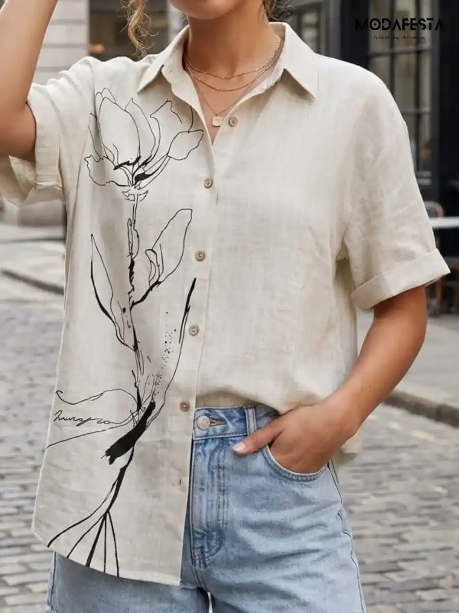 ModaFesta -classy-graphic-floral-long-linen-shirt-beige