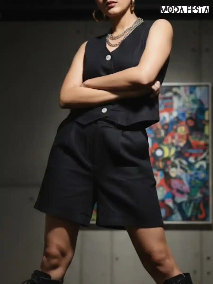 ModaFesta -elegant-waistcoat-short-coord-set-black