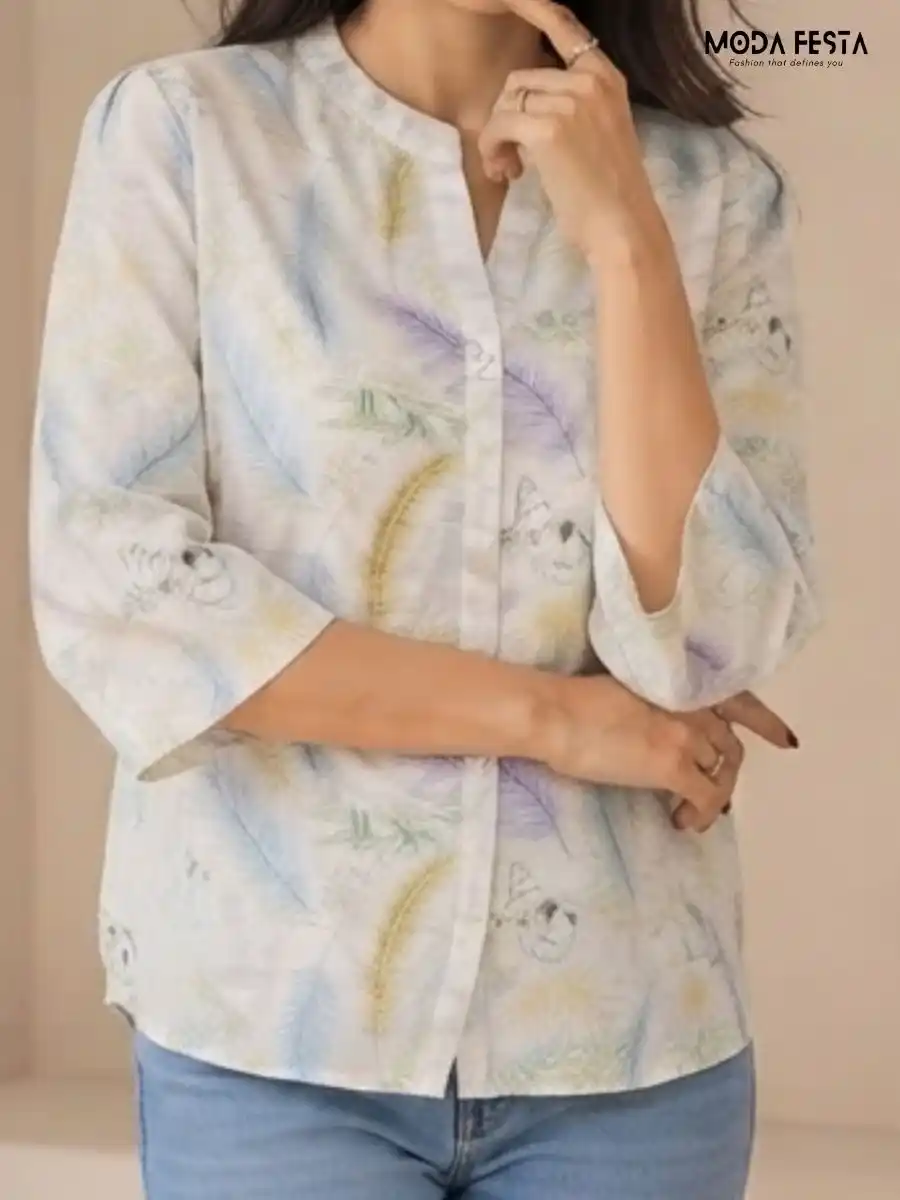 ModaFesta -feather-print-mandarin-collar-top