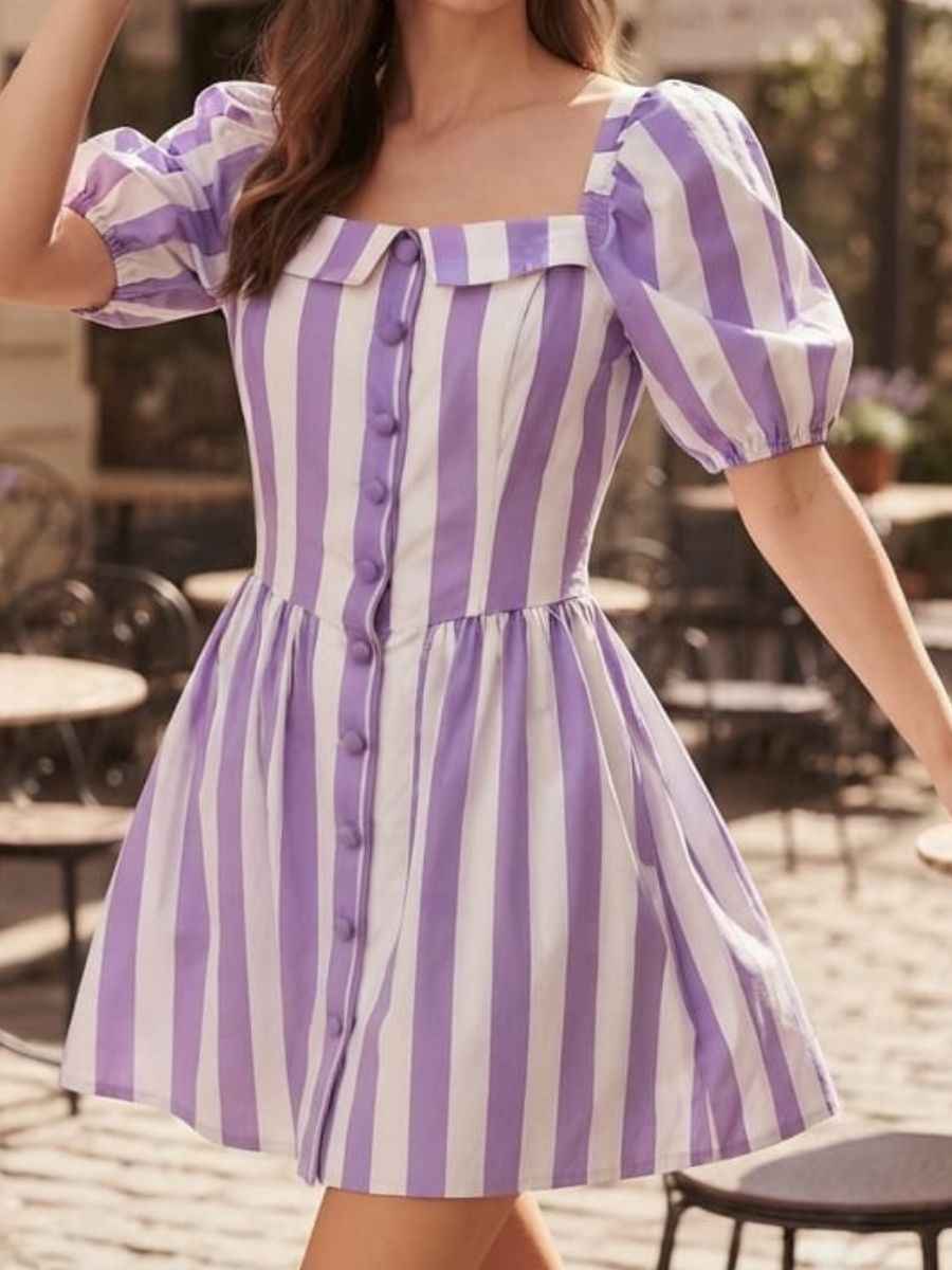 ModaFesta -purple-white-striped-puff-sleeve-short-dress