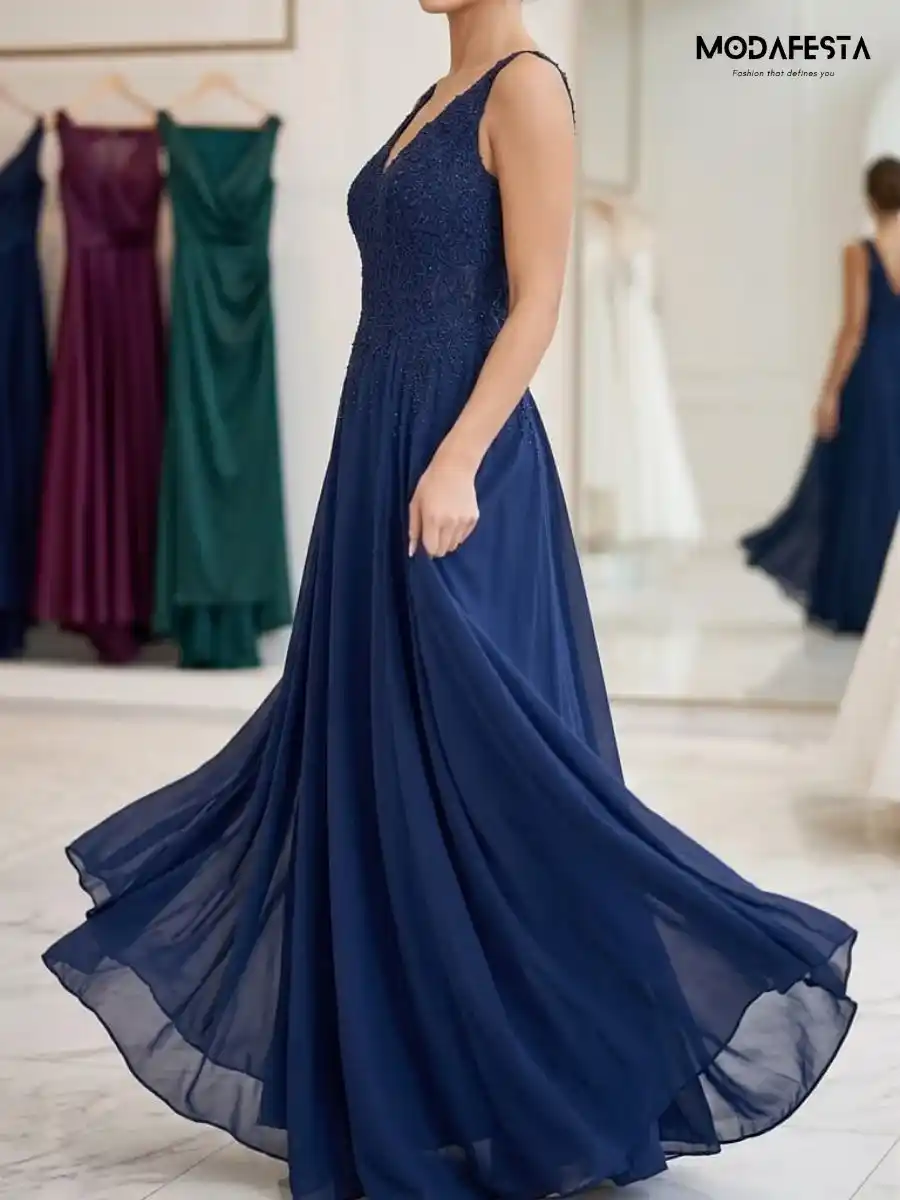 ModaFesta -elegant-v-neck-floral-lace-gown-navy-blue