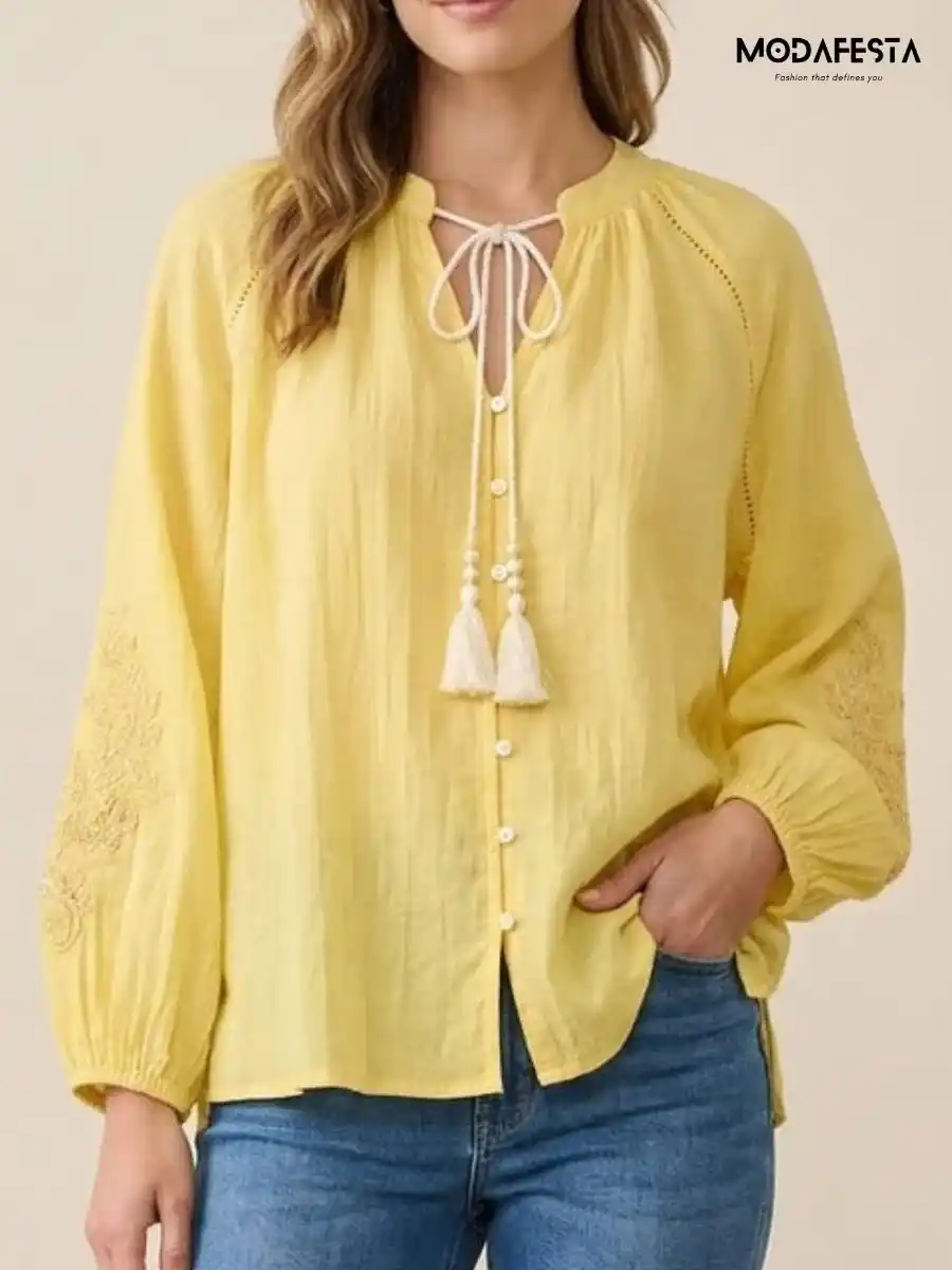 ModaFesta -elegant-v-neck-top-embroidered-work-on-sleeve-yellow