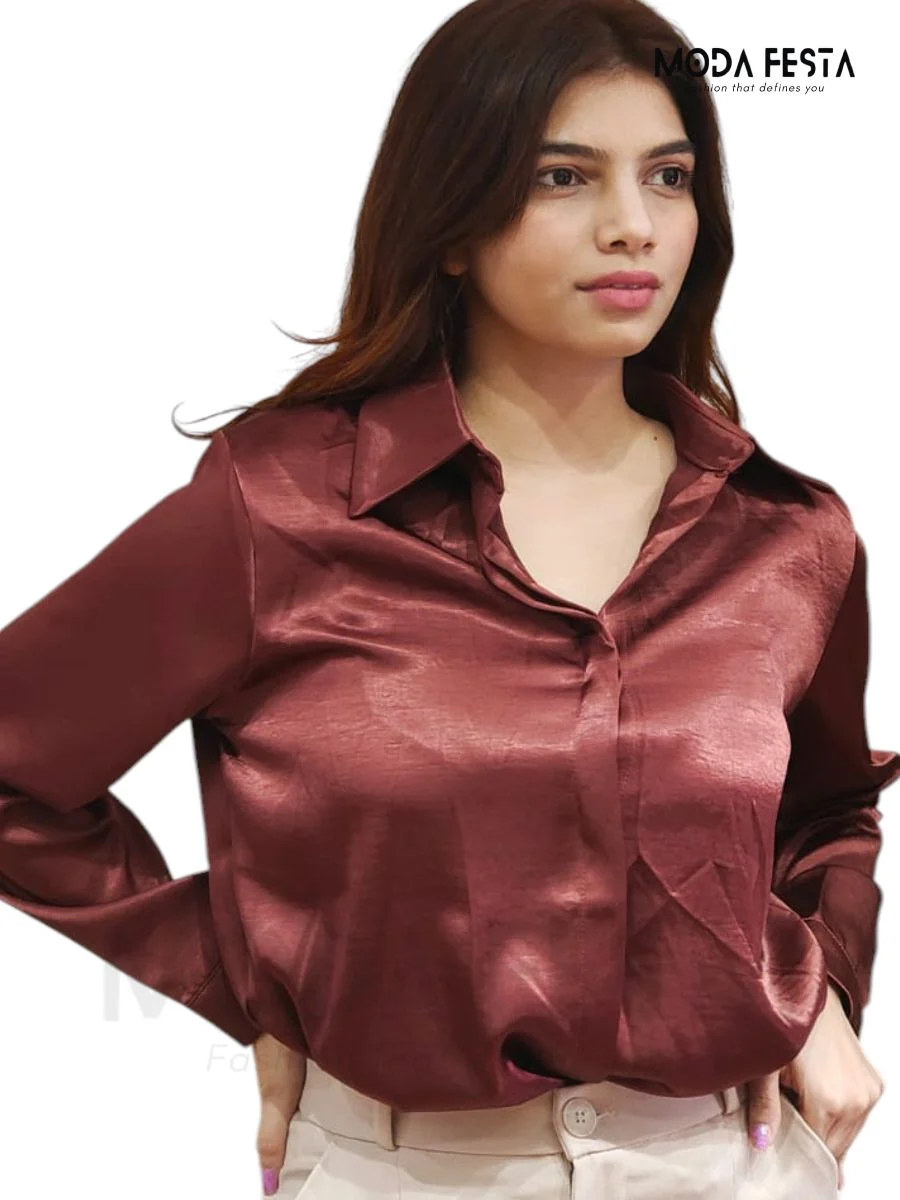 ModaFesta -stylish-plain-satin-shirt-maroon