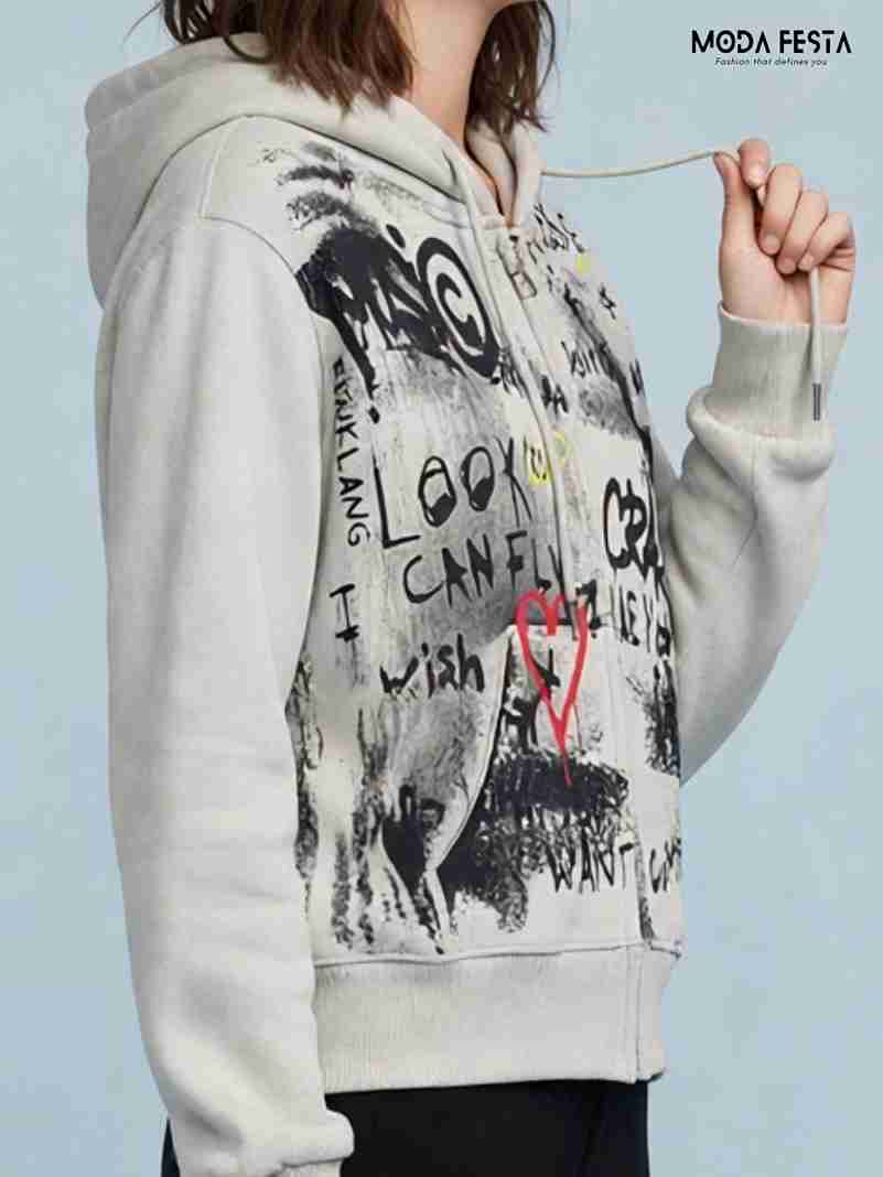 ModaFesta -graffiti-print-zip-front-hooded-sweatshirt