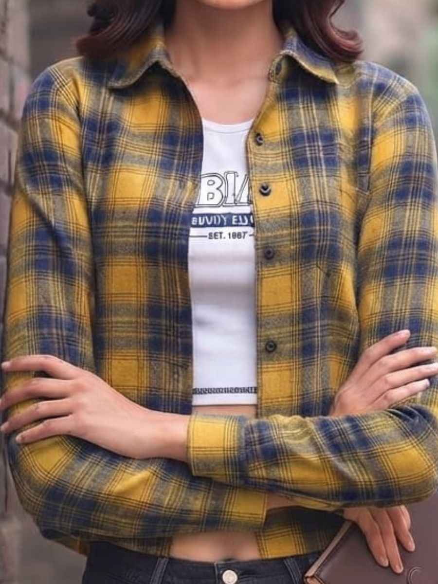 ModaFesta -equity-club-graphic-white-crop-top-yellow-plaid-jacket-set