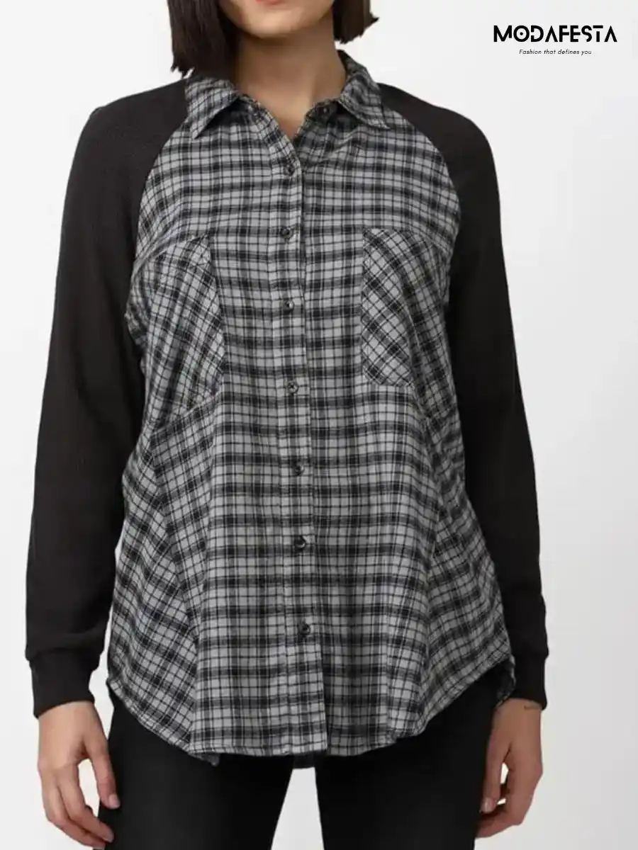 ModaFesta -elegant-chex-mixed-media-raglan-plaid-shirt-grey