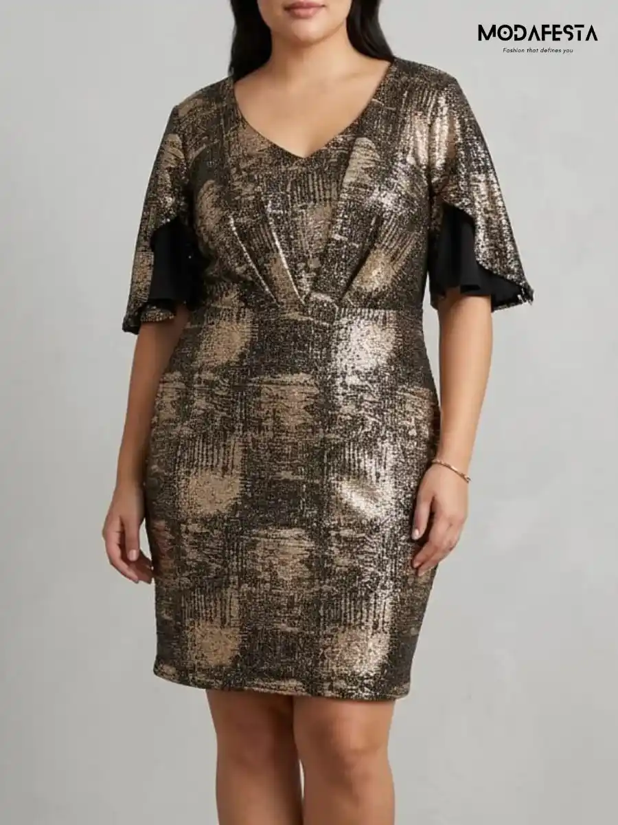 ModaFesta -elegant-gold-and-black-sequin-v-neck-dress