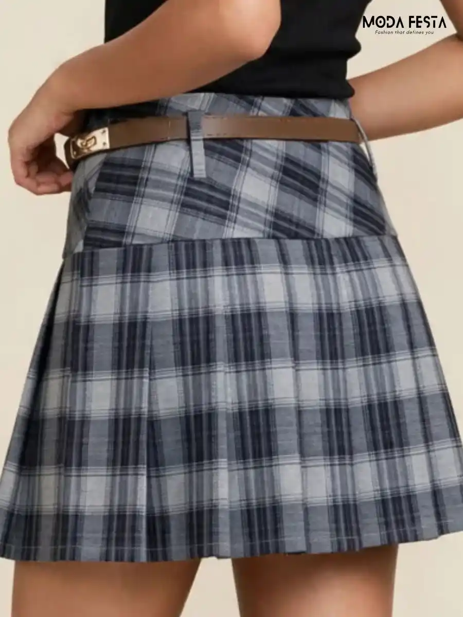 ModaFesta -plaid-pleated-skirt-with-belt