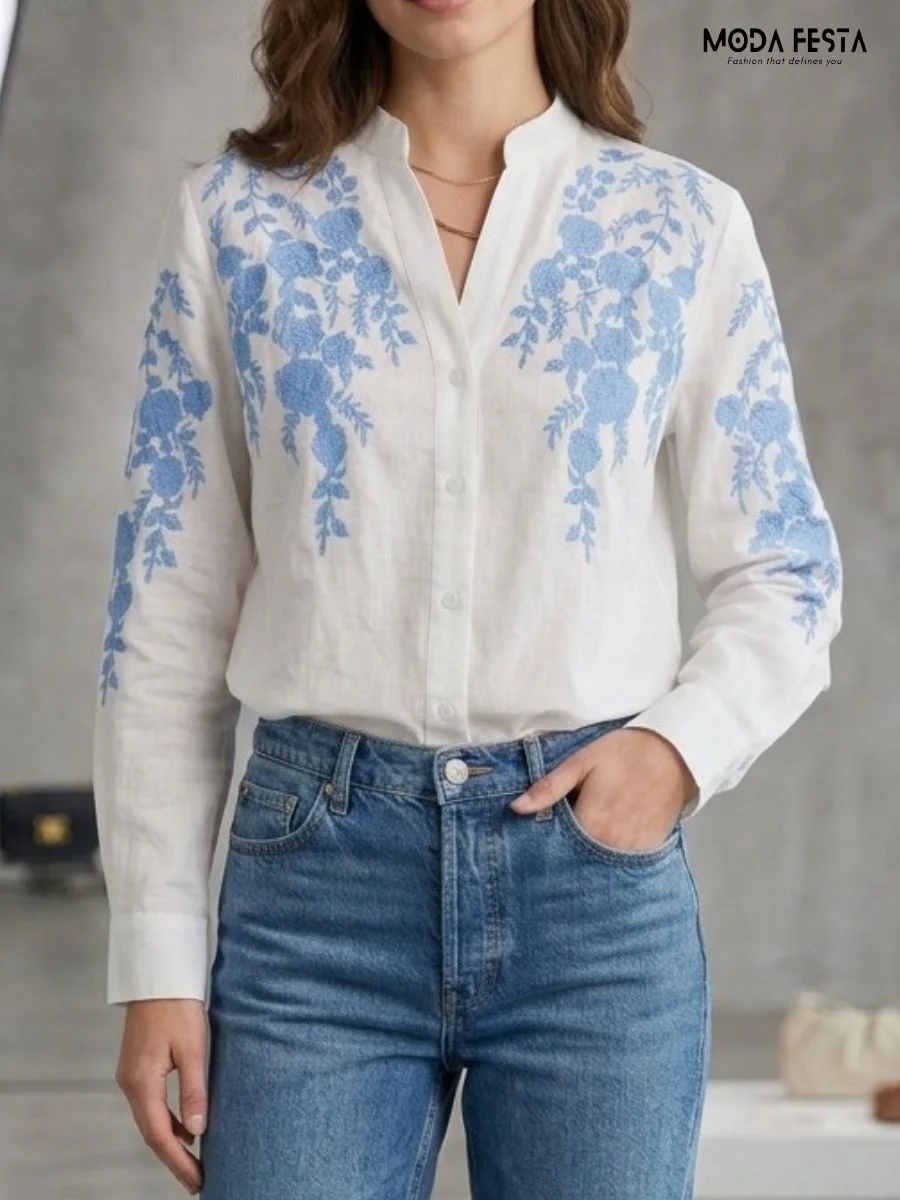 ModaFesta -sky-blue-floral-embroidered-mandarin-collar-tunic