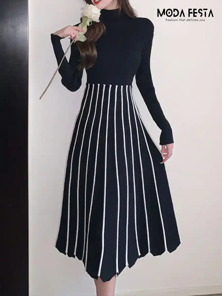 Elegant Stripe High Neck Knitted Dress
