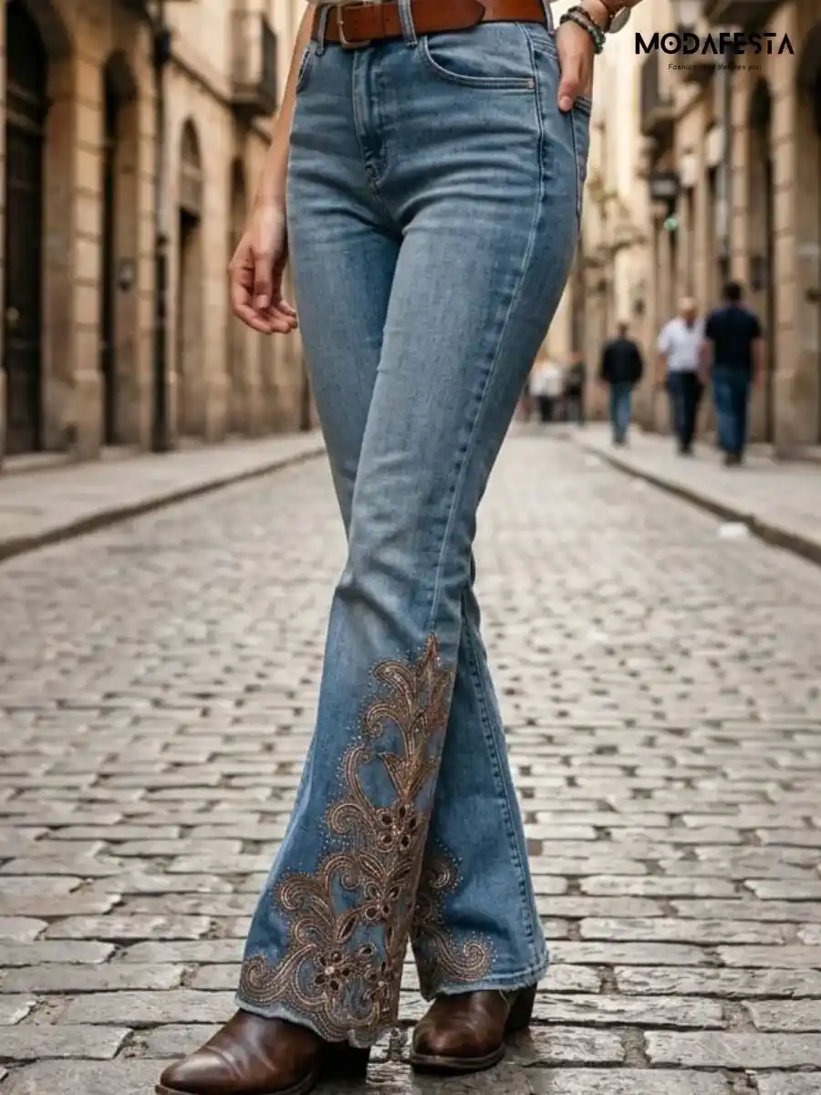 ModaFesta -trendy-sequenced-cutwork-boot-cut-jeans-blue