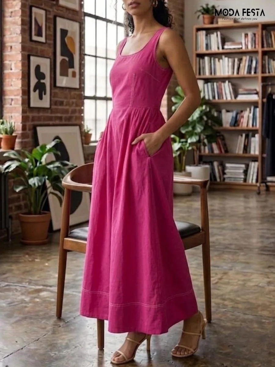 ModaFesta -contrast-stitch-square-neck-midi-dress-pink