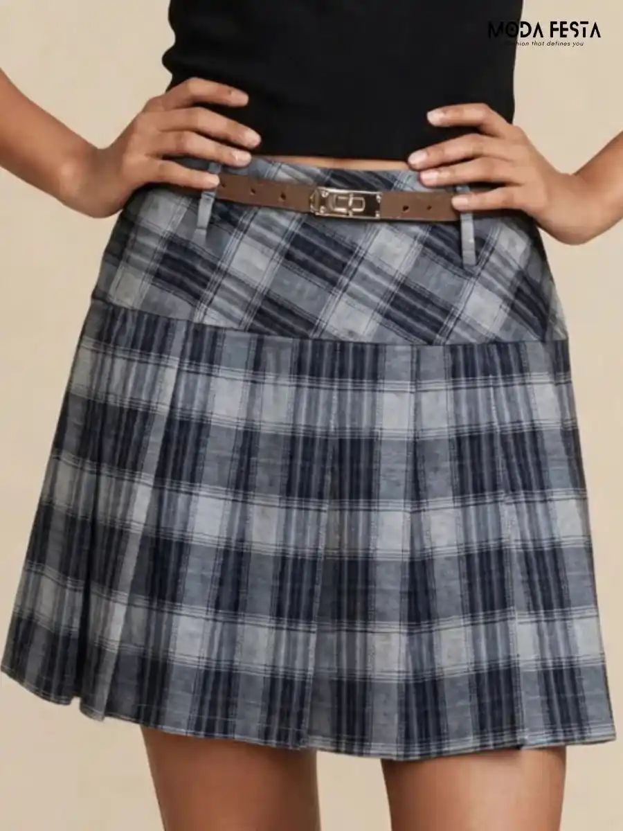 ModaFesta -plaid-pleated-skirt-with-belt