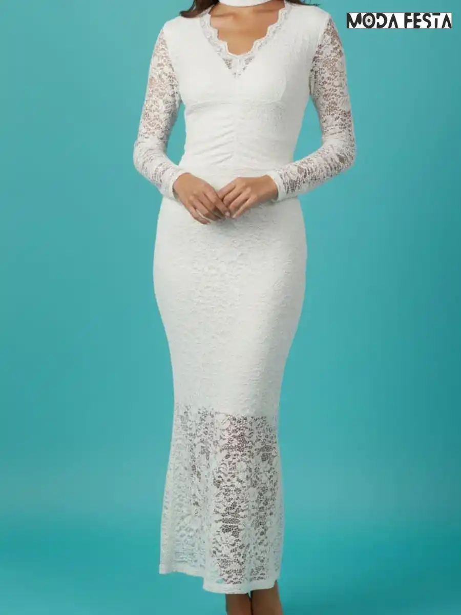 ModaFesta -elegant-v-neck-bodycon-lace-dress-white