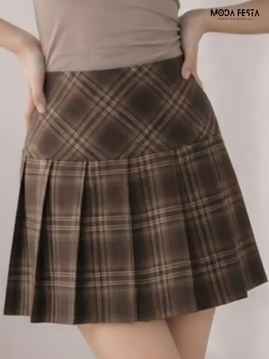 ModaFesta -brown-plaid-pleated-mini-skirt