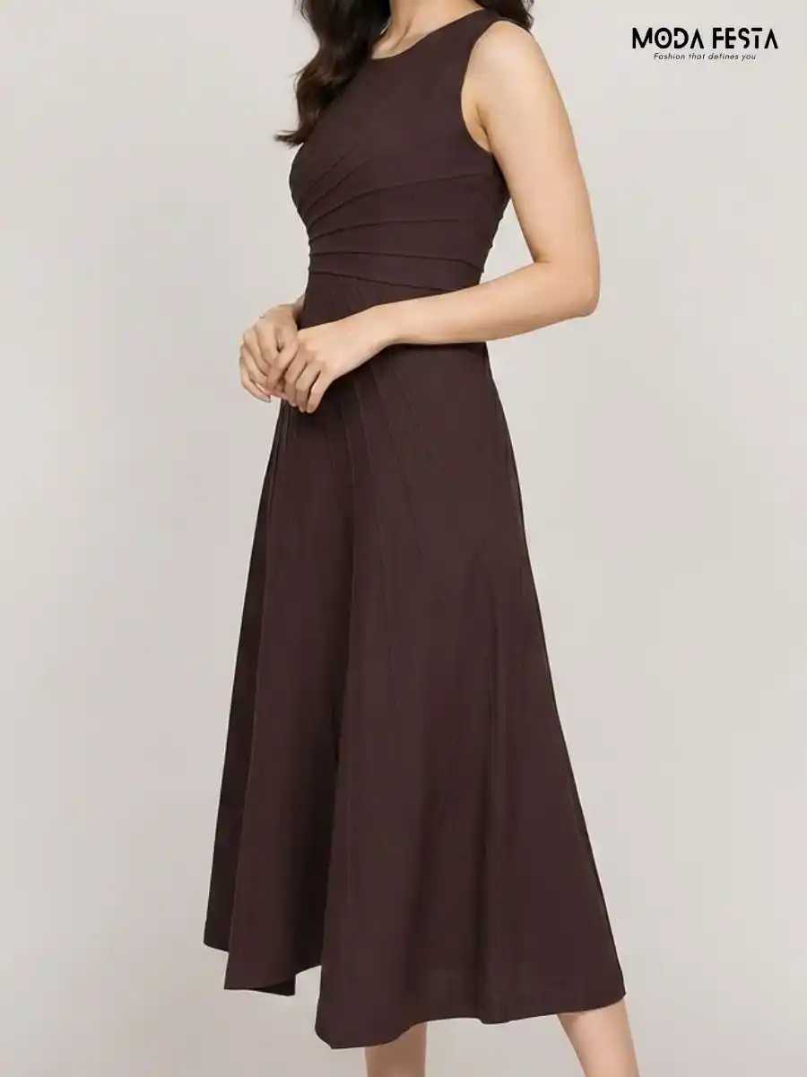 ModaFesta -elegant-dark-brown-pleated-fit-and-flare-midi-dress