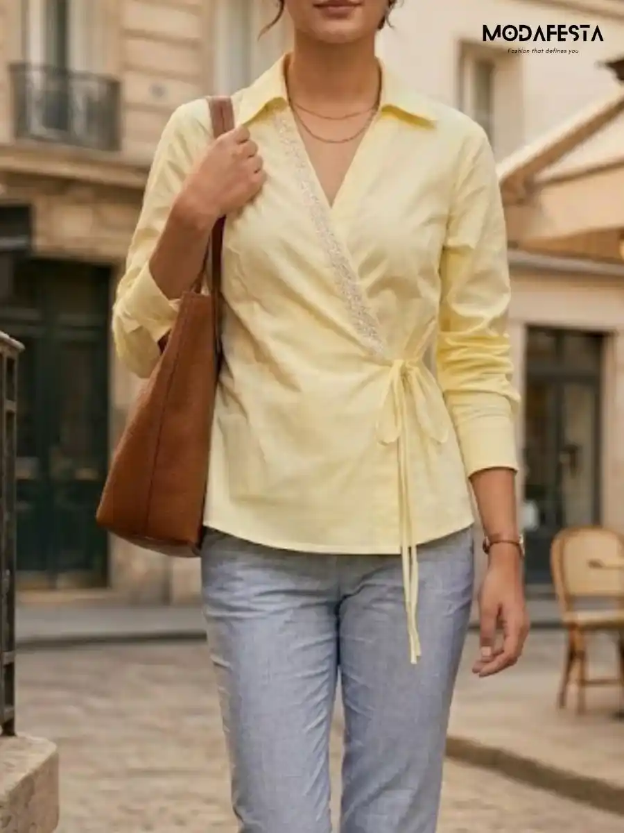 ModaFesta -elegant-v-neck-embellished-wrap-top-yellow