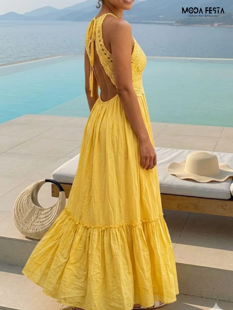 ModaFesta -backless-long-cotton-dress-with-lace-yellow