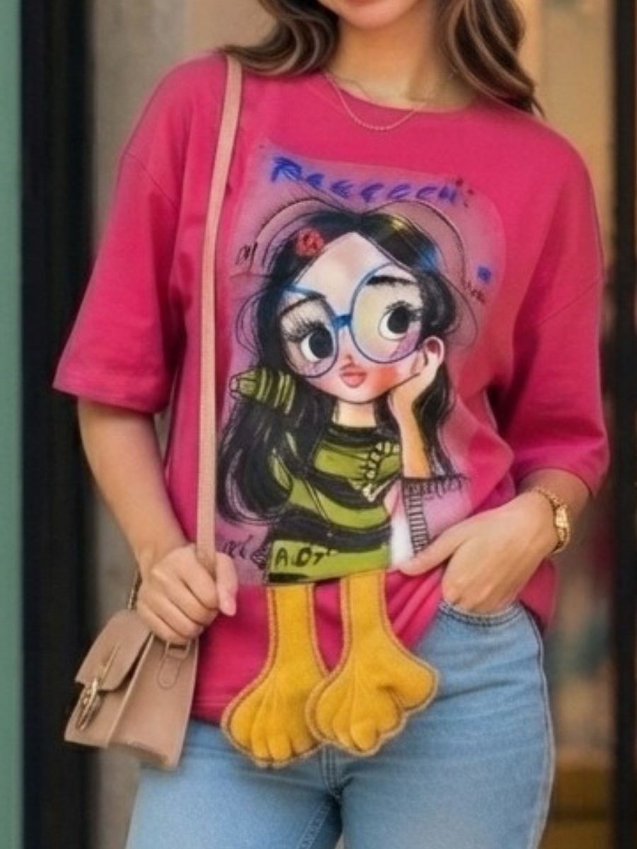 ModaFesta -womens-pink-oversized-cartoon-graphic-tshirt