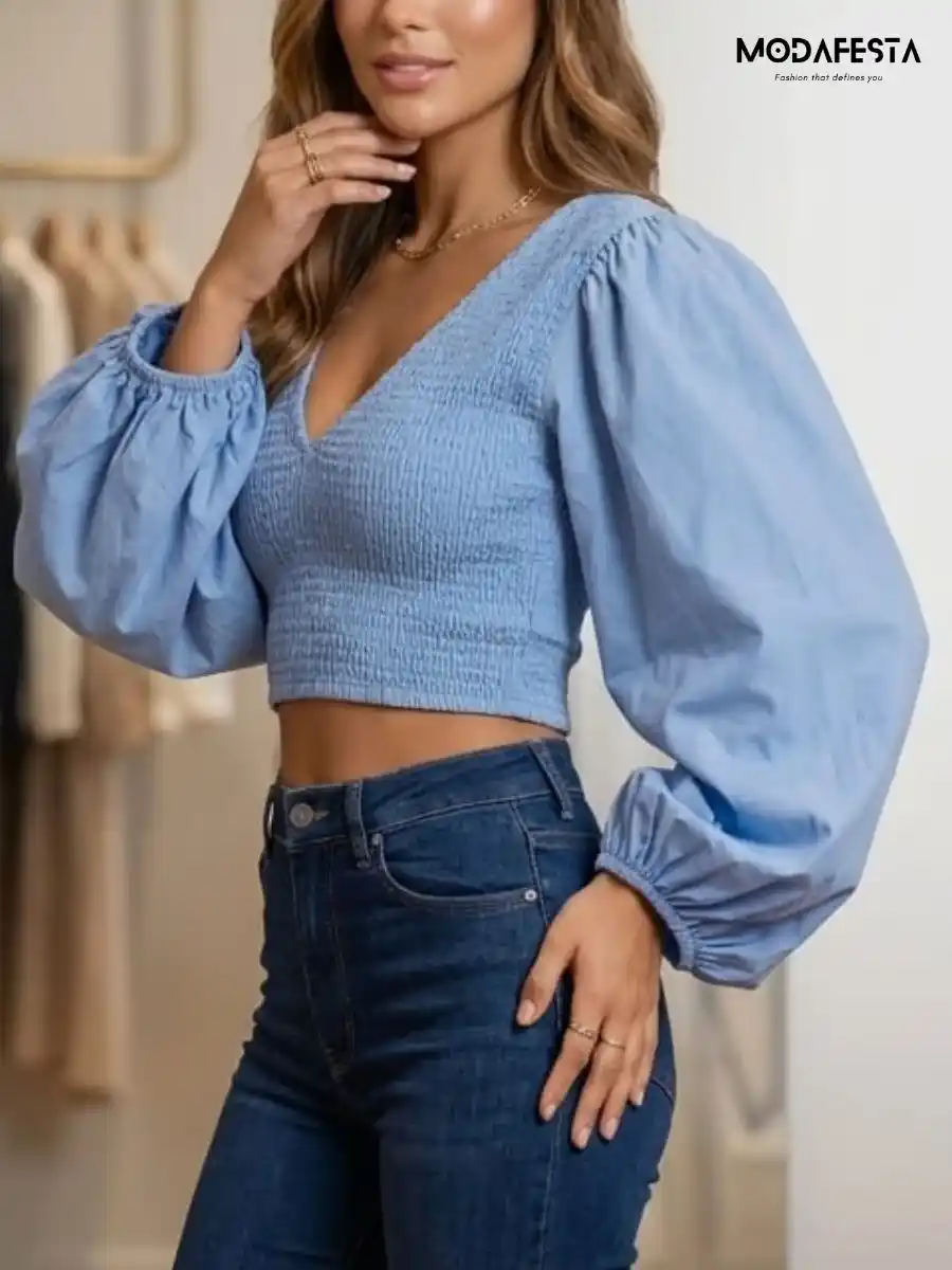 ModaFesta -elegant-v-neck-puff-sleeve-top-sky-blue
