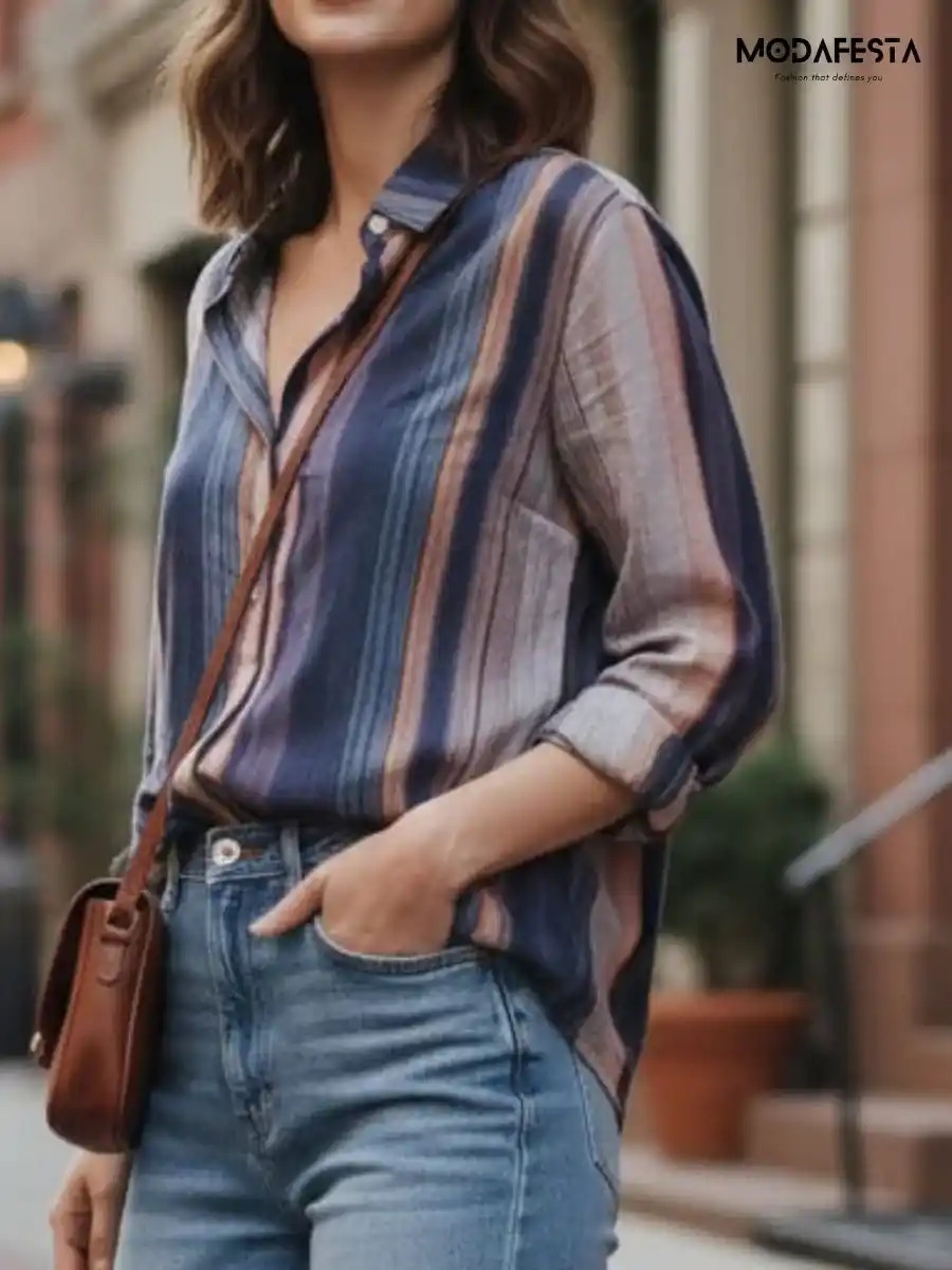ModaFesta -elegant-abstract-print-linen-shirt-brown