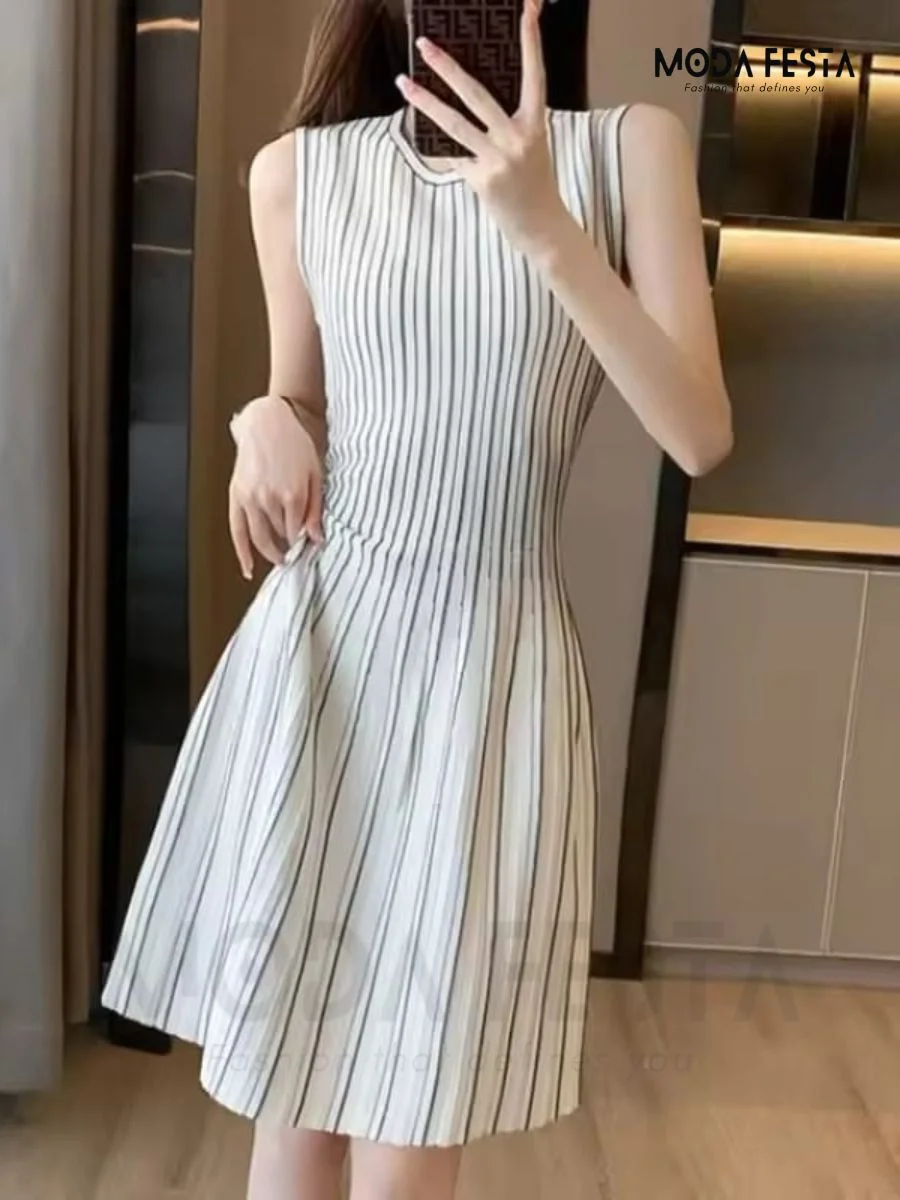 ModaFesta -striped-print-a-line-dress-white