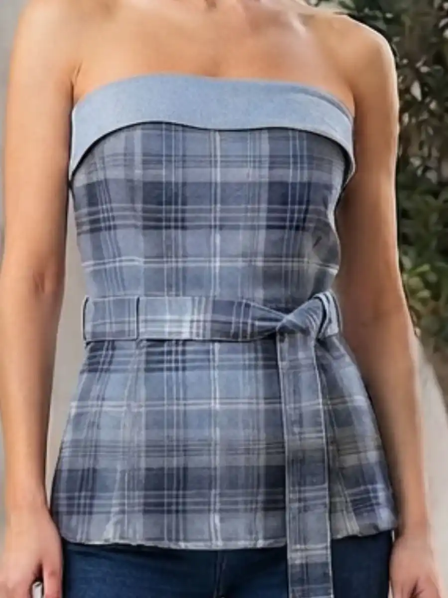 Blue Plaid Denim Trim Strapless Top