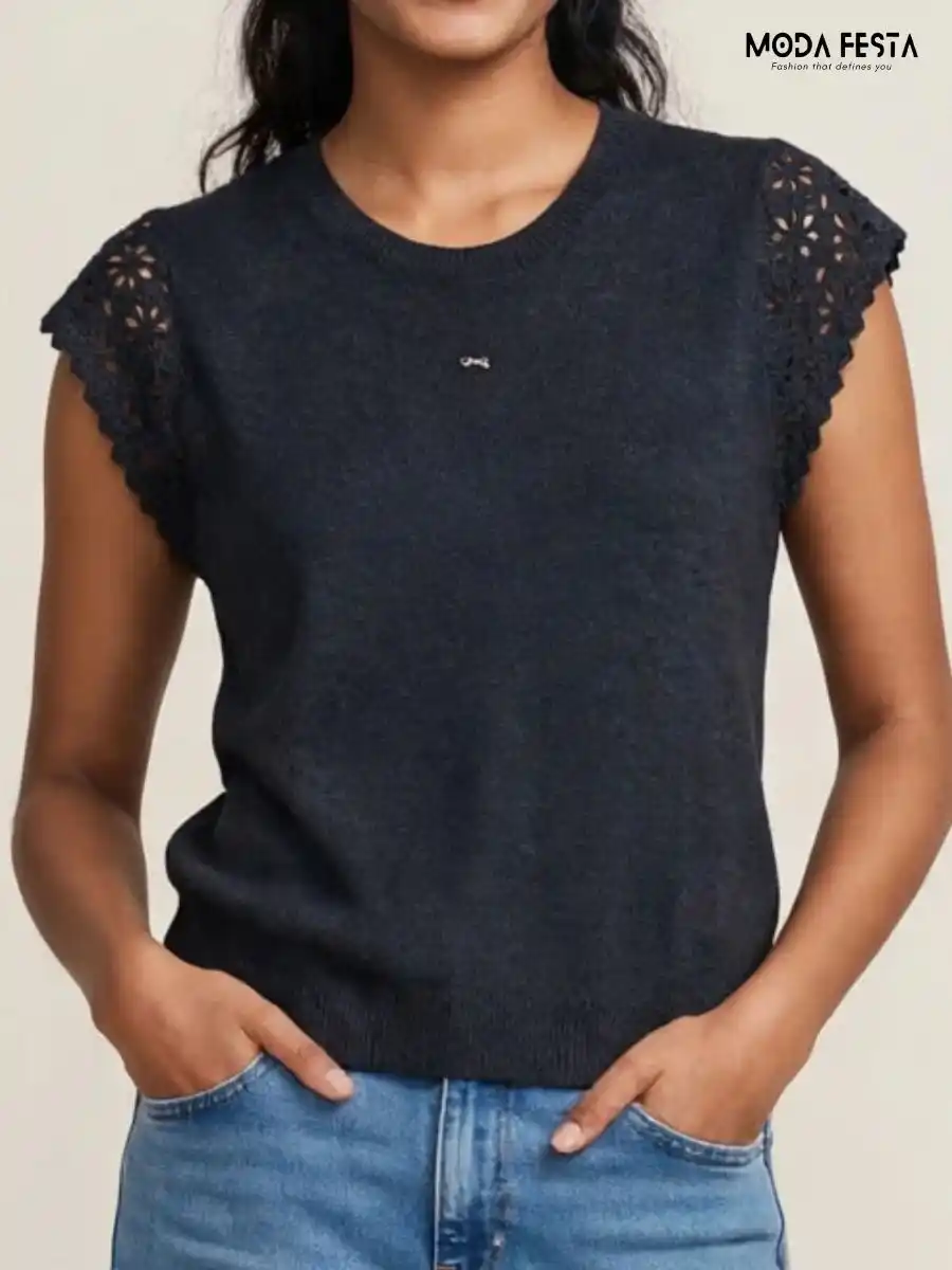 Navy Schiffli Cutwork Cap Sleeve Knit To