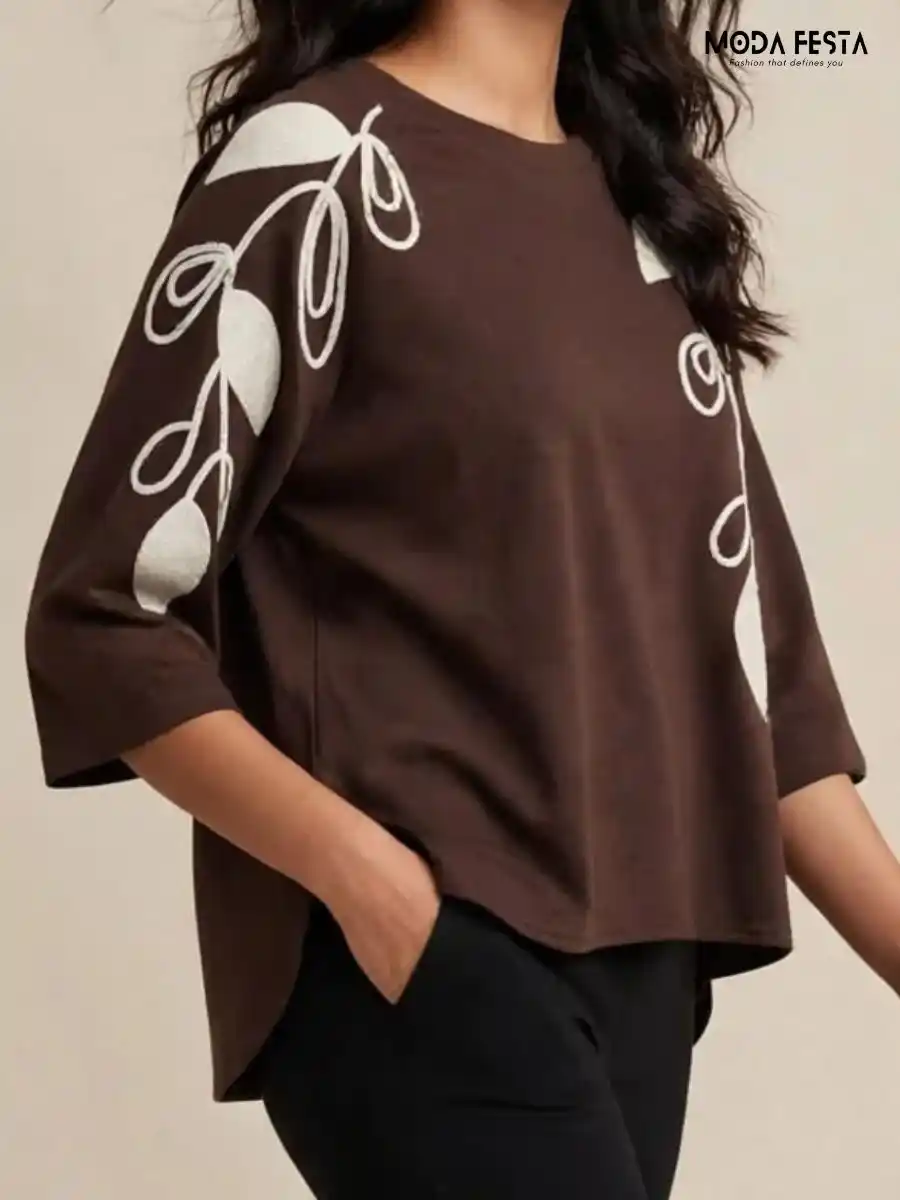 ModaFesta -elegant-brown-embroidered-leaf-motif-top