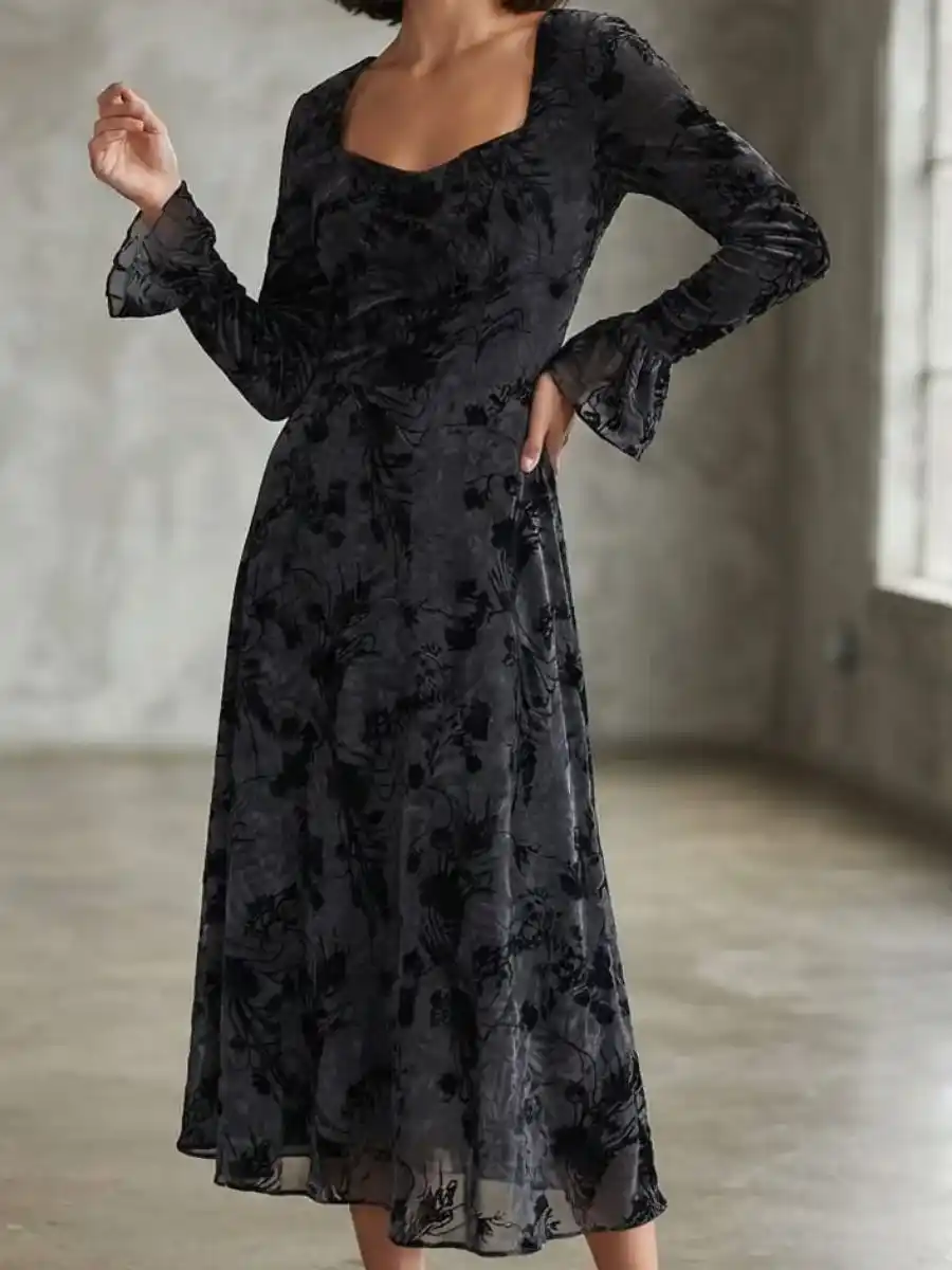 ModaFesta -ethereal-black-floral-devore-midi-dres