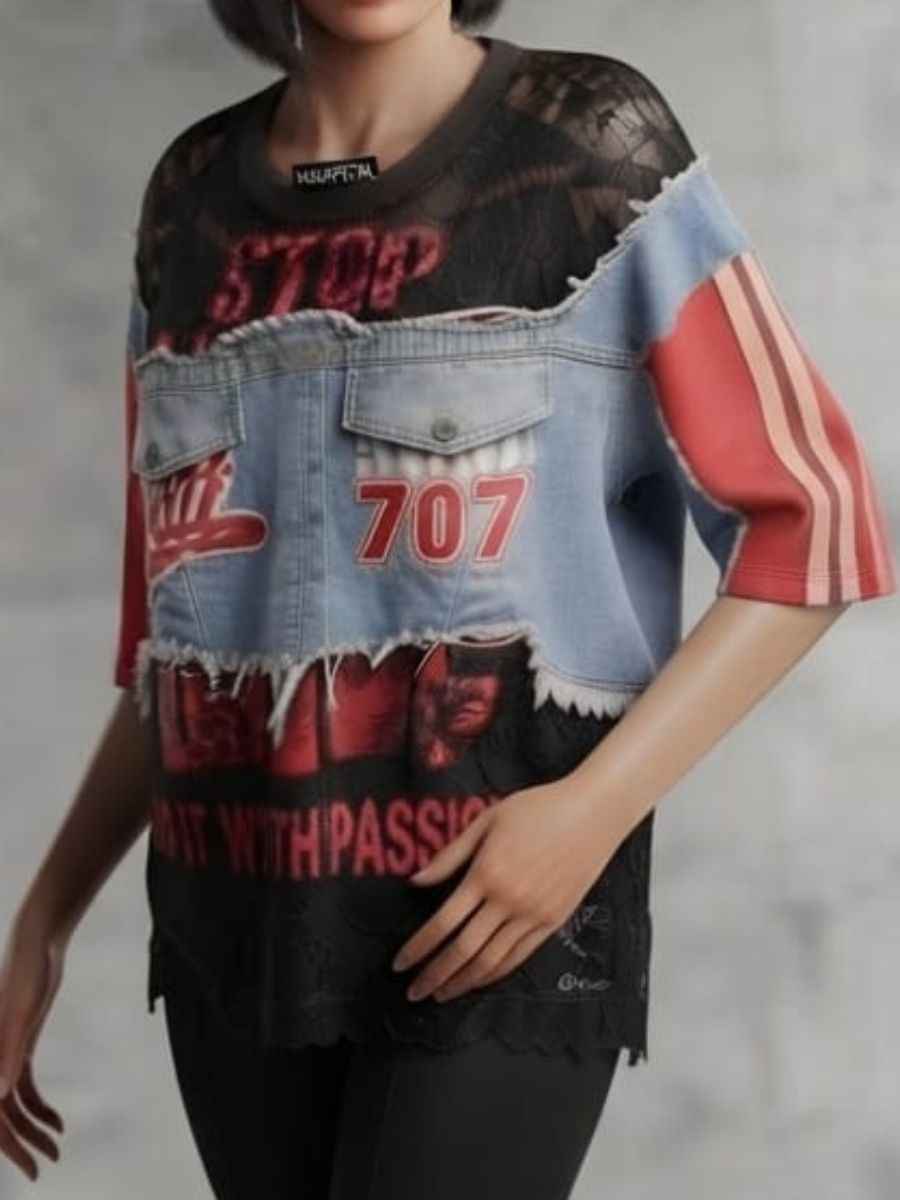 ModaFesta -red-black-patchwork-denim-lace-statement-top