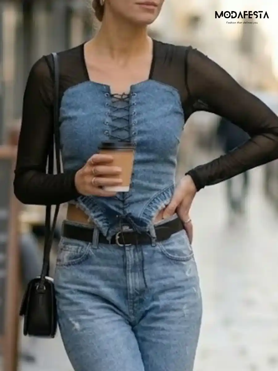 ModaFesta -lace-up-denim-corset-mesh-top-black