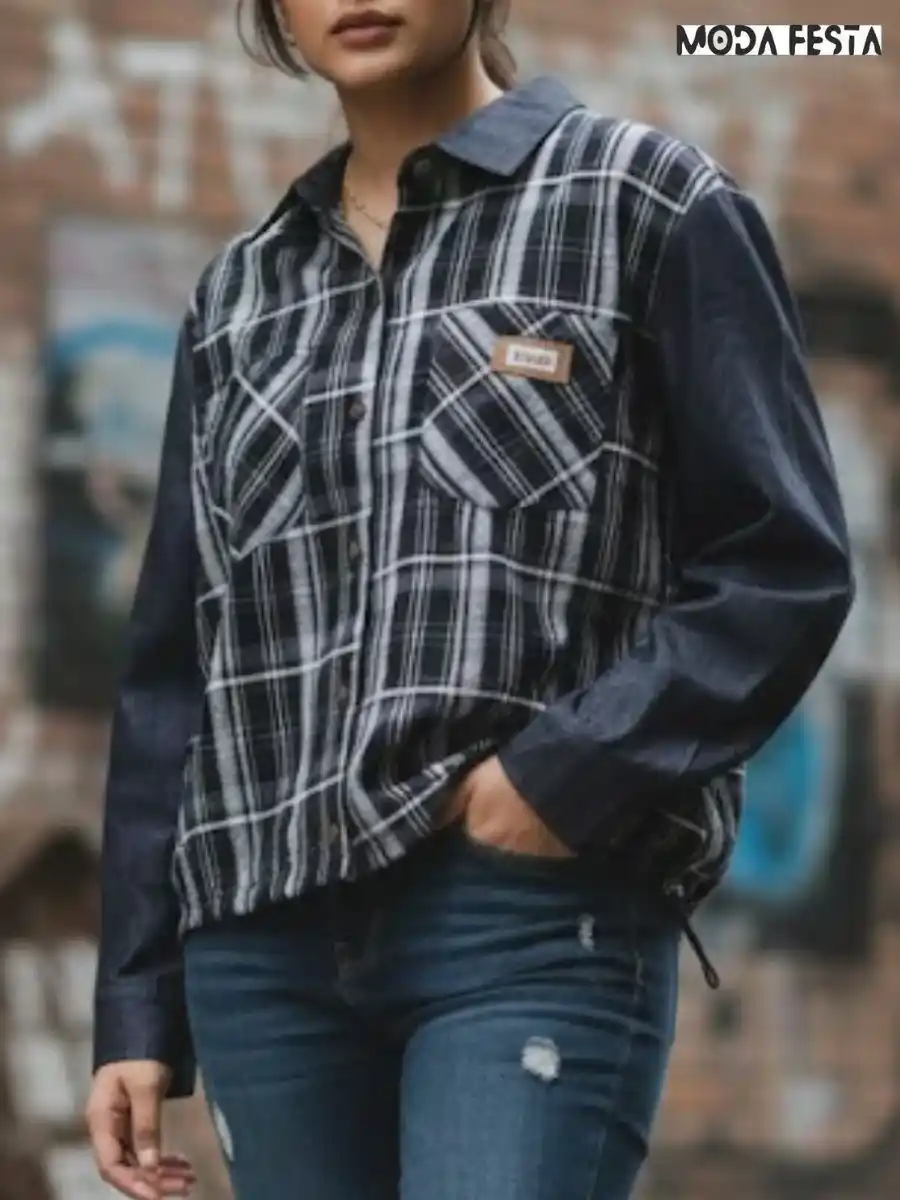ModaFesta -elegant-flannel-denim-shirt-black