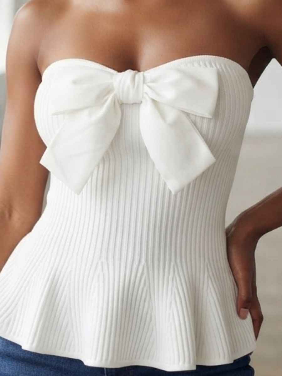 ModaFesta -white-ribbed-bow-accent-peplum-top