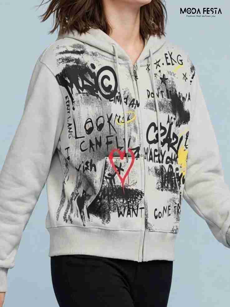 ModaFesta -graffiti-print-zip-front-hooded-sweatshirt