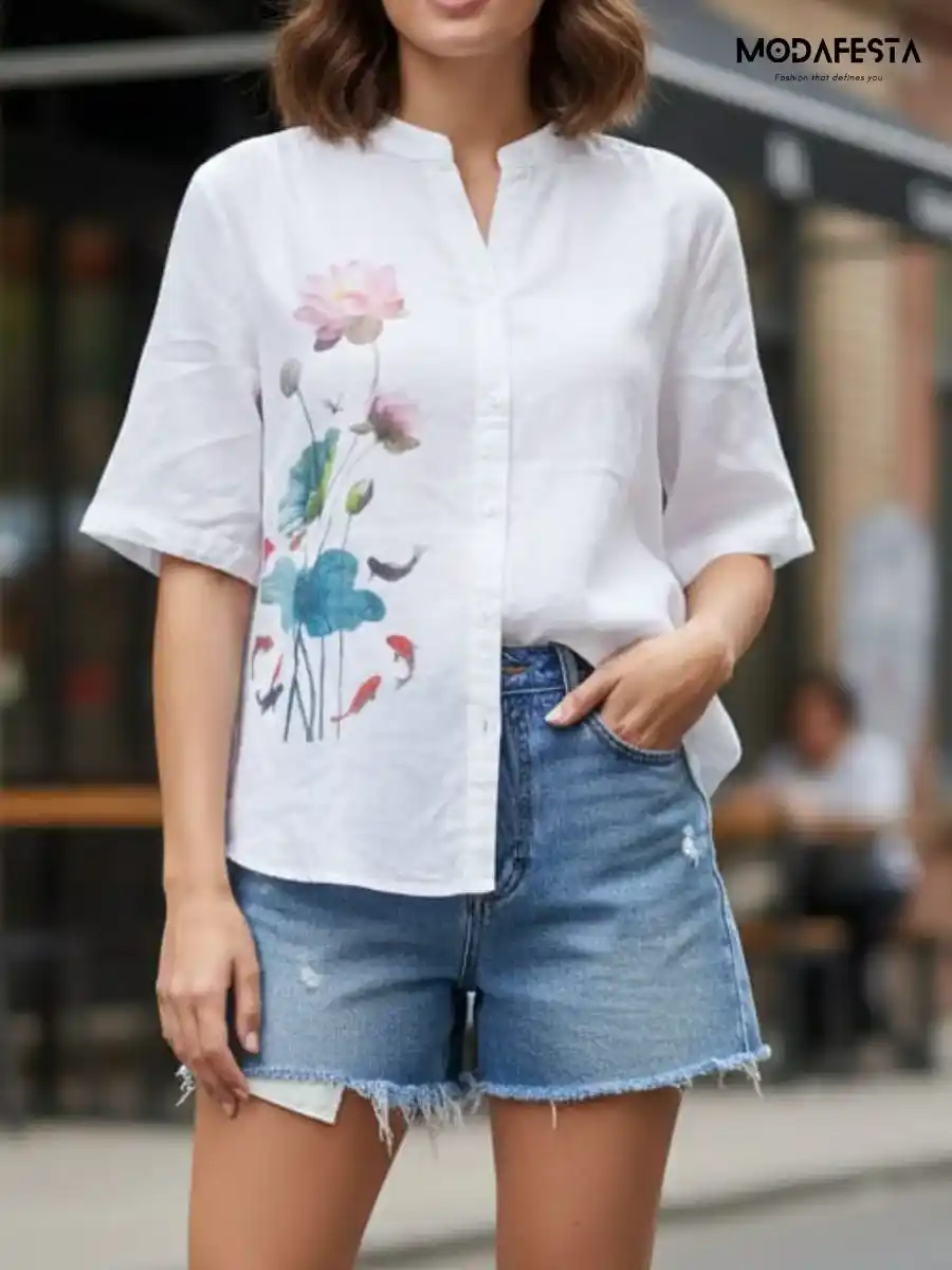 Elegant Floral Graphic Print V Neck Shirt 2