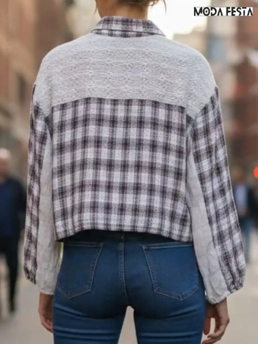 ModaFesta -elegant-checkered-patchwork-shirt-brown