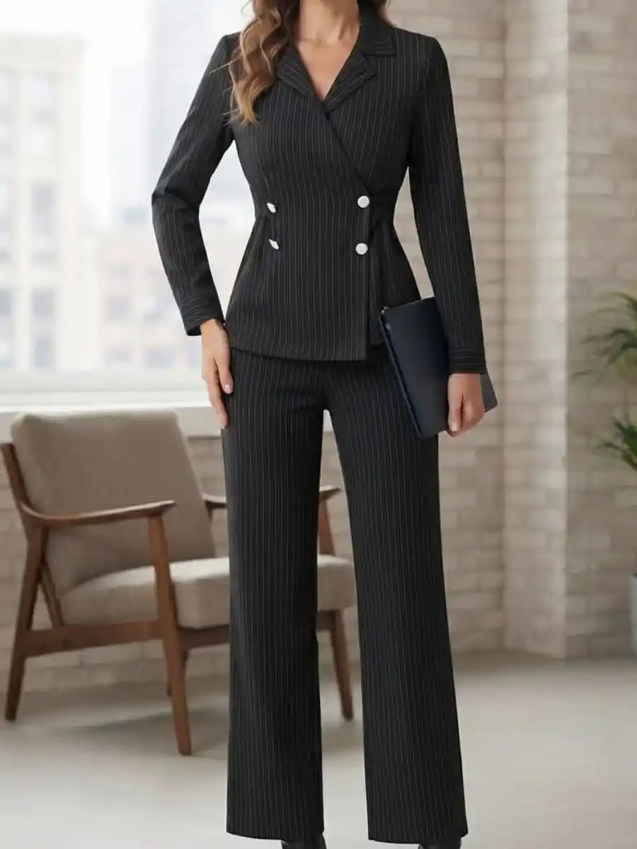Womens Professional Pinstriped Double-Breasted Blazer and Trouser Co-ord Set