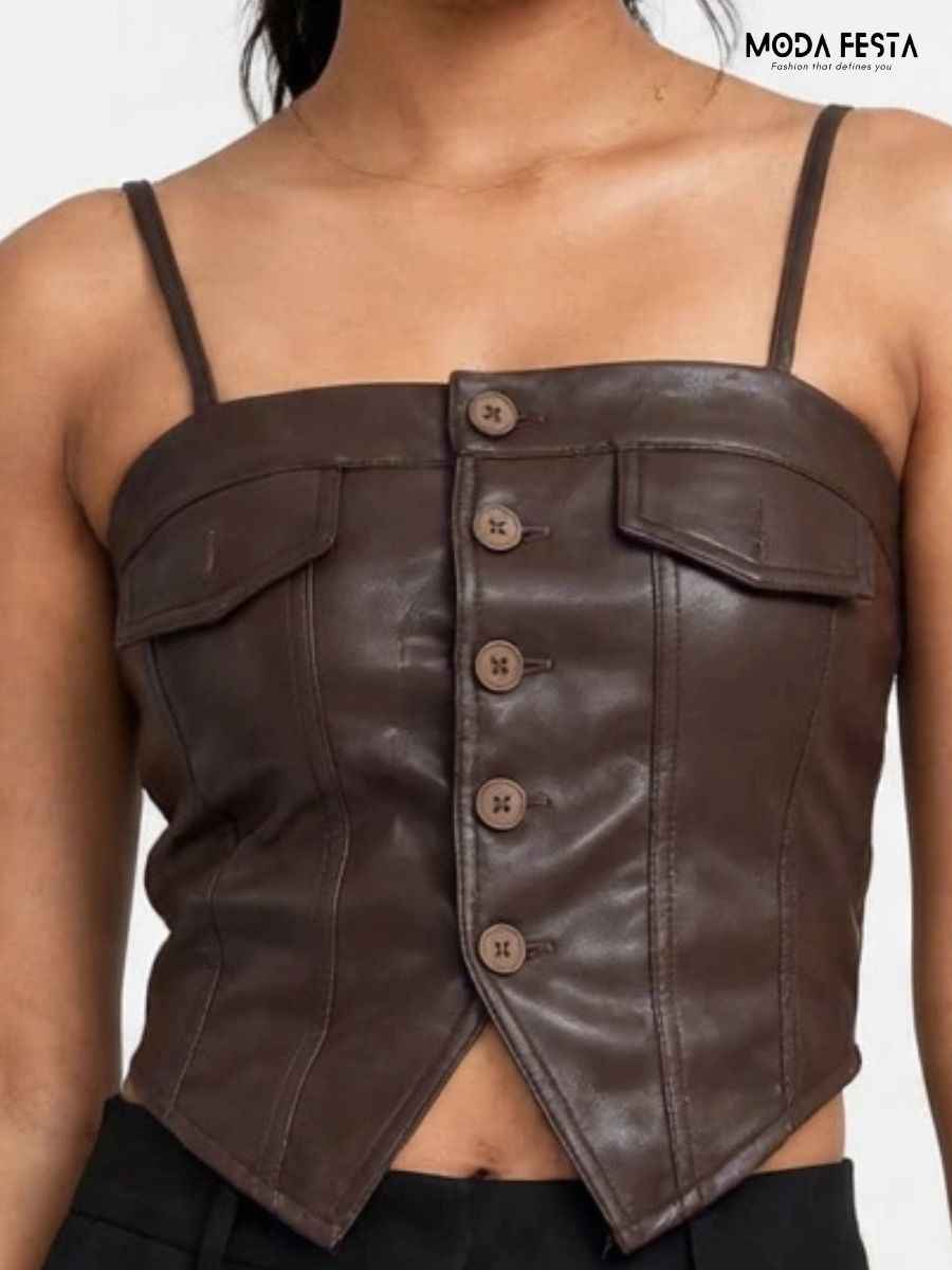 ModaFesta -brown-leather-button-front-corset-top