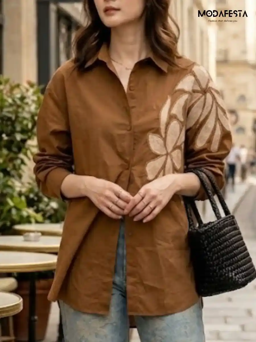 ModaFesta -elegant-floral-print-shirt-work-on-shoulder-brown