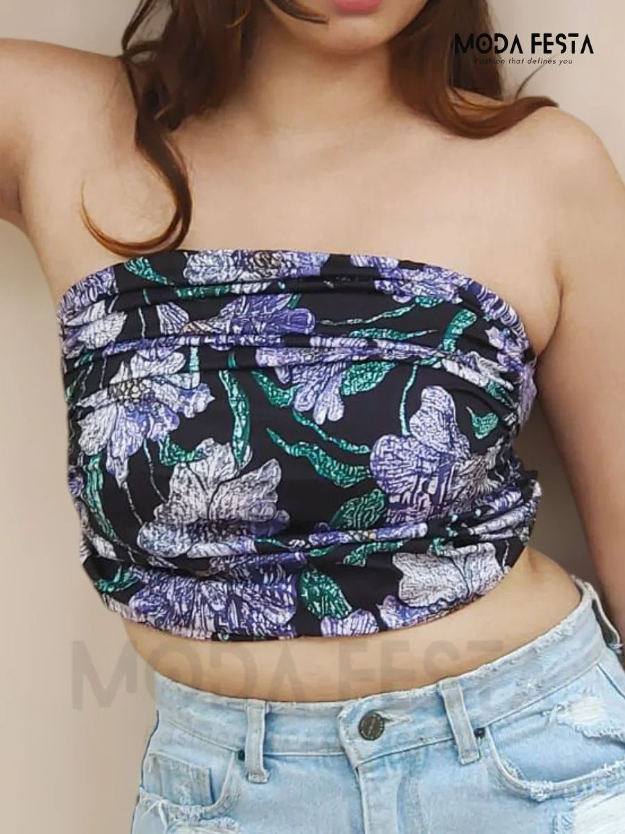ModaFesta -stylish-floral-print-tube-top-black