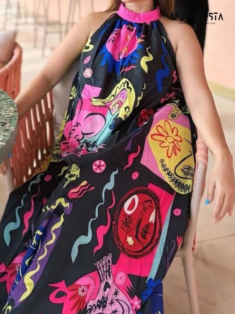 ModaFesta -abstract-print-halter-neck-dress-black
